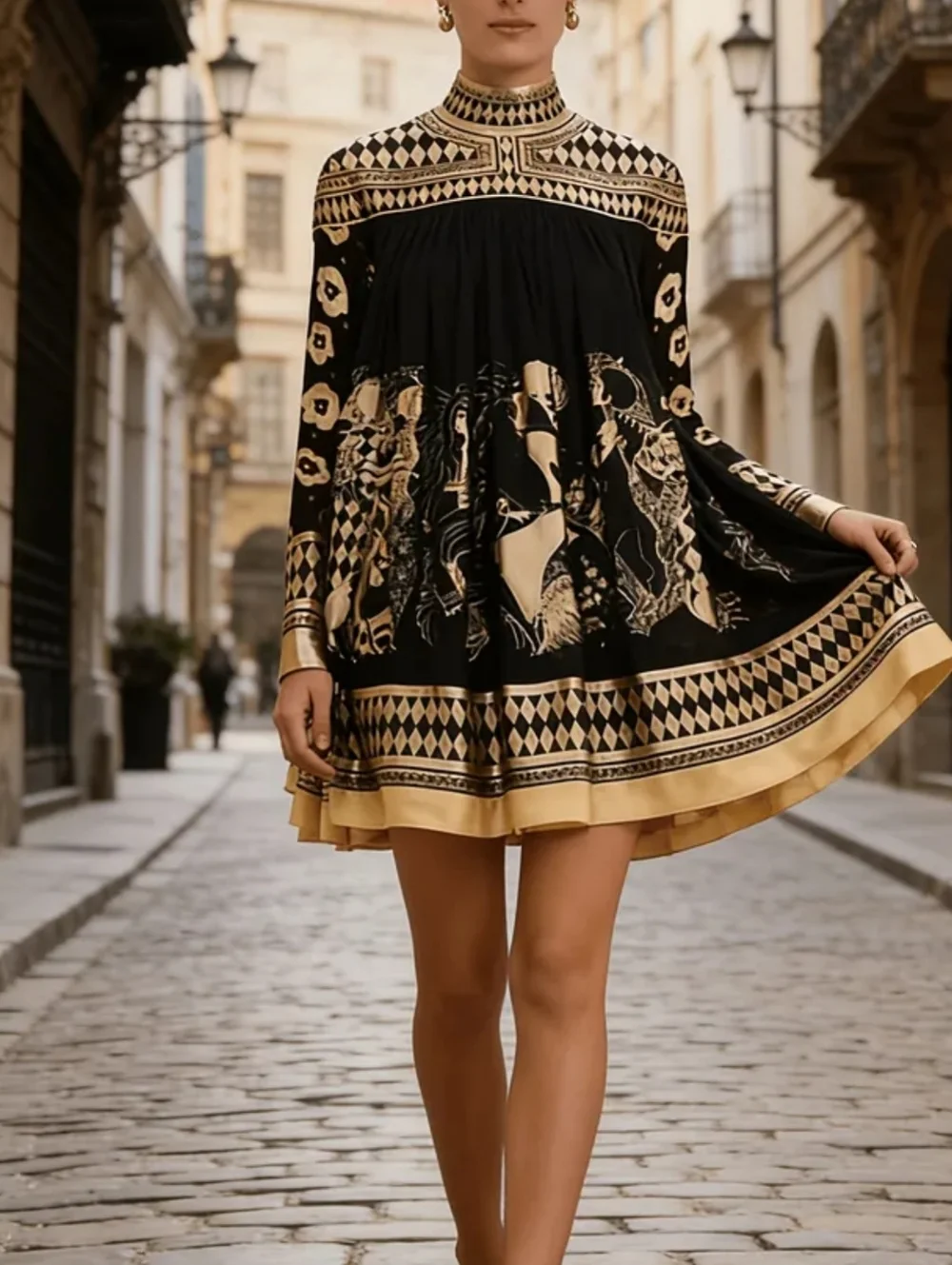Black & Gold High-Neck Printed Swing Dress - Picture 3 of 7